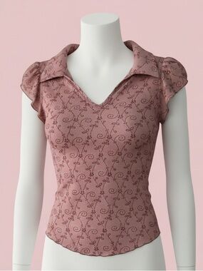 Full Circle fairycore y2k Women’s Pink Floral V-Neck Ruffle Sleeve Top